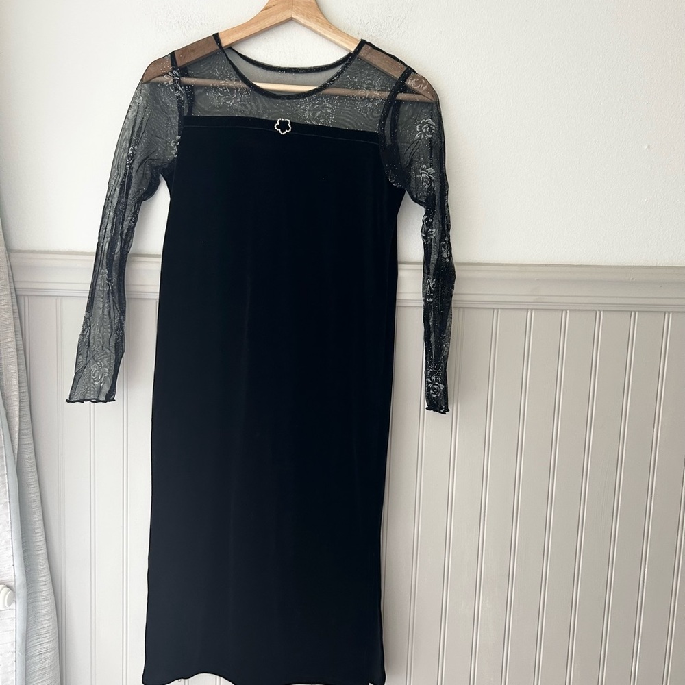 Vintage 90s Girls 12 Black Mesh Holiday Dress Long Sleeve Formal SWAT Brand